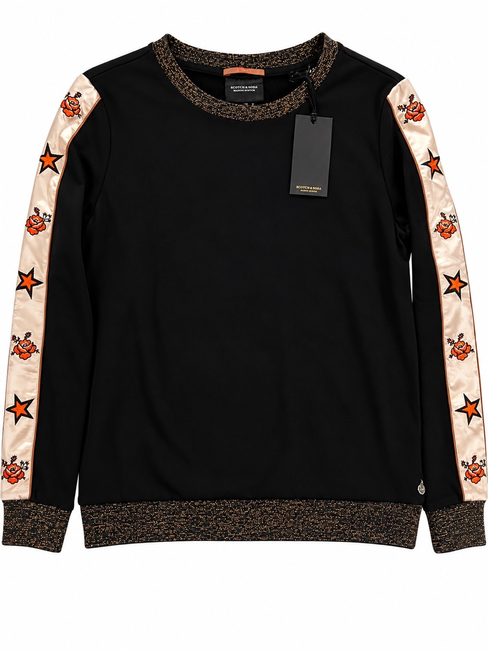 Scotch & Soda Black Crewneck Sweatshirt with Embroidered Sleeve Details NWT